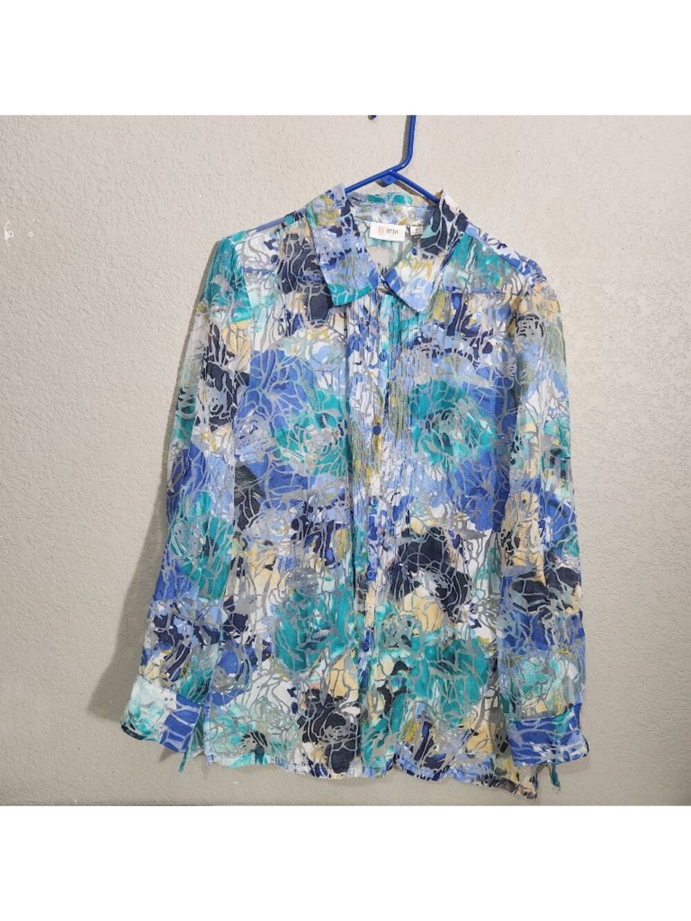 Vintage Erin Button Shirt Sheer Floral Large Blue